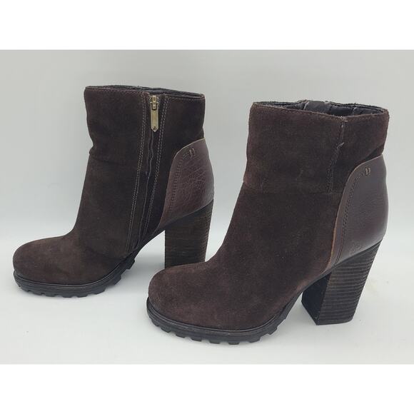 Sam Edelman Brown Suede & Leather Stacked 4" Heel Ankle Booties Lug Sole Sz 7.5 - Picture 4 of 10